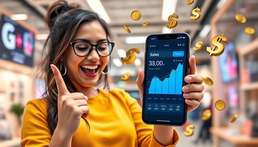 Energetic woman showing smartphone with $150K sales, build a $100K online business.