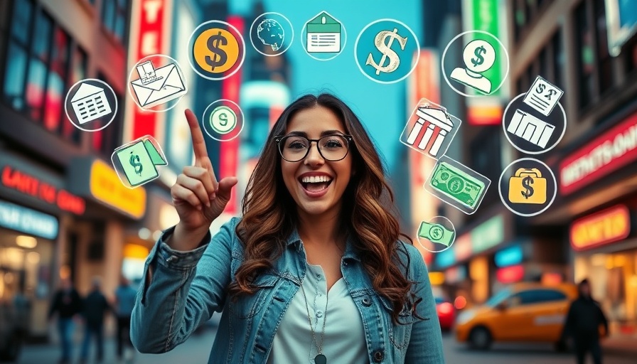 Enthusiastic woman with icons suggesting ways to make money while working 9 to 5.