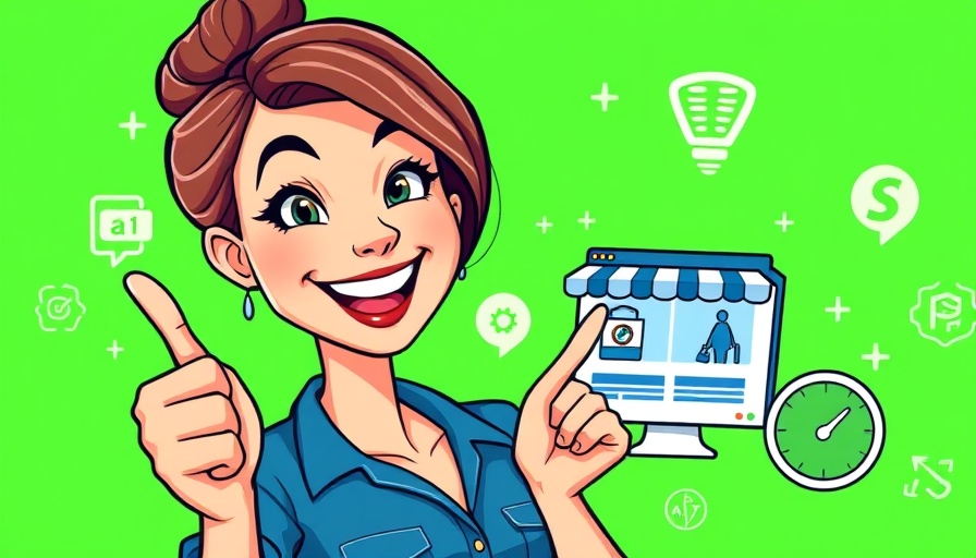 Confident woman presenting online store setup tutorial with AI features, vibrant style.