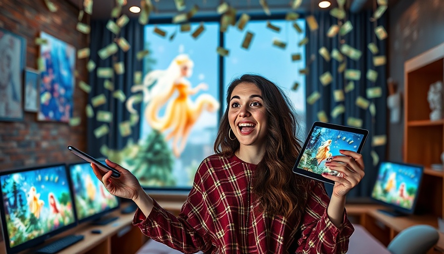 Excited woman with AI animated fairy tales digital presentation.