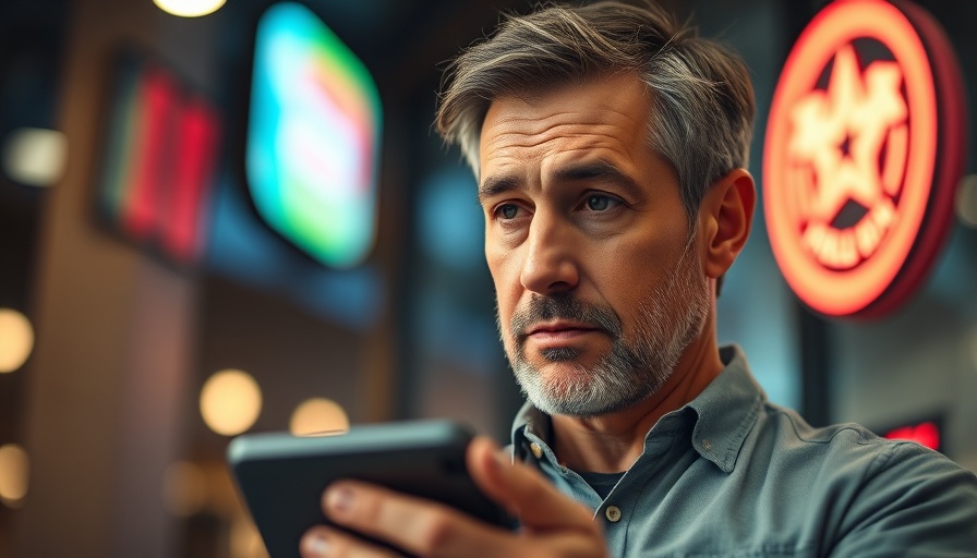 Middle-aged man concentrating with a device in soft-lit room, content creation platform.