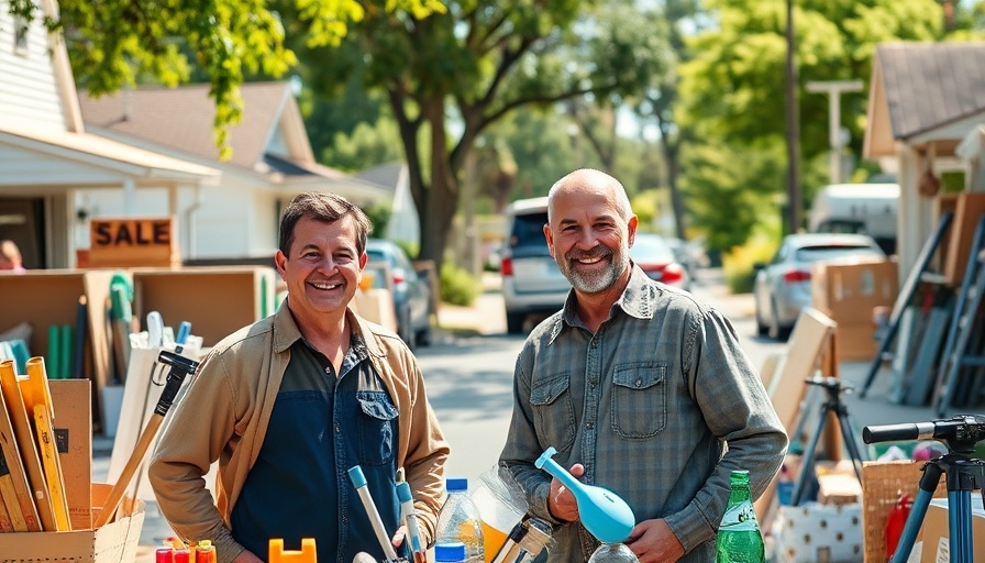 Garage sale with two men selling items, vibrant display, make $2000 in 48 hours.