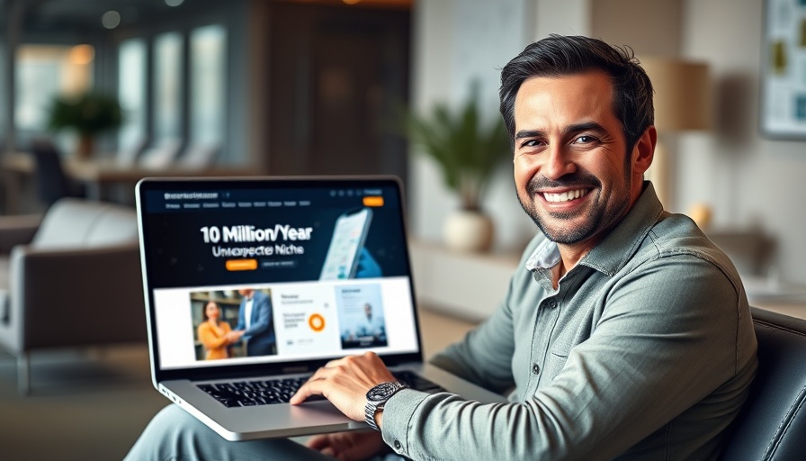 Smiling man with laptop showing niche directory websites success.