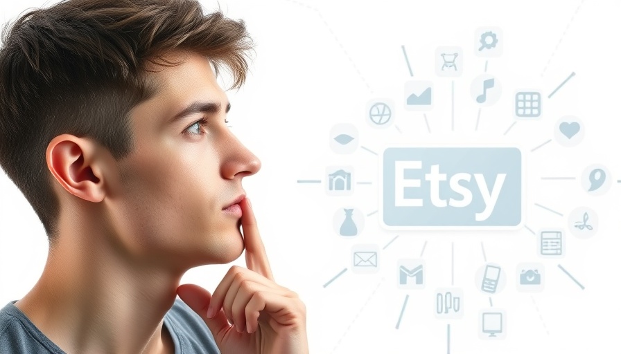 Man thinking about Etsy thumbnail design tips with digital icons.