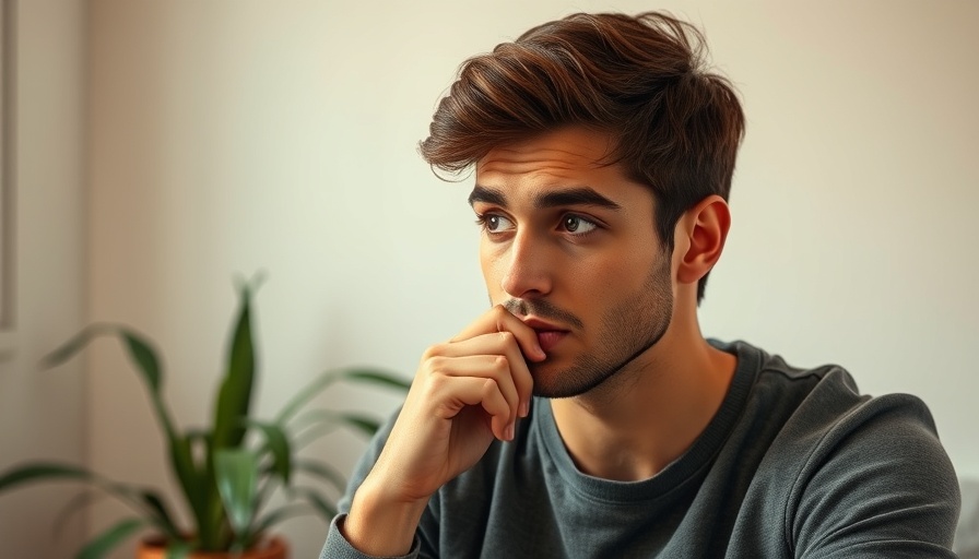 Young man pondering if Etsy ads are worth it, minimalist setting.
