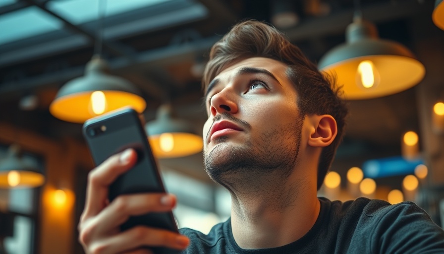 Man contemplates app ideas using AI technology in a café setting.