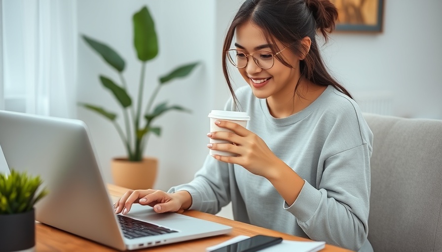 Earn Money with TopSurveys - Woman using laptop with coffee.