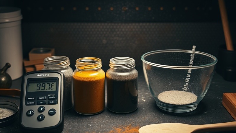 Flat-lay on dark workbench with moisture meter, pigment powders, and epoxy tools