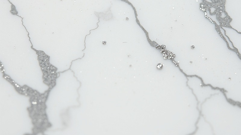 Macro shot of Carrara-style epoxy with white base and gray veins.