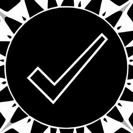 Line art icon of a sun with a check-mark halo, symbolizing approval.