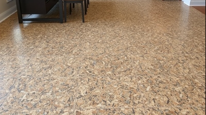 Epoxy floor with Gunflint Trail flake design in earth tones.