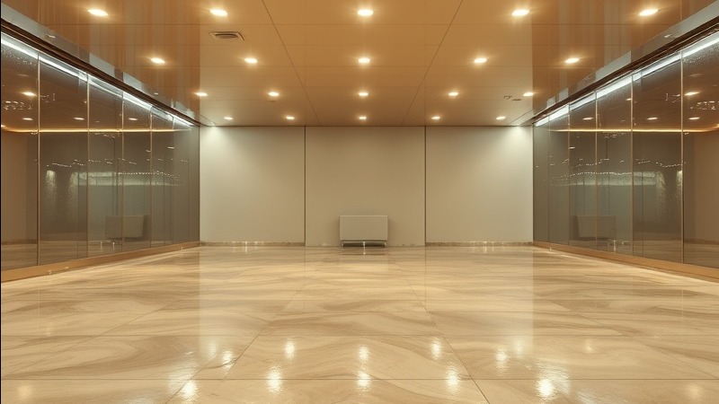 Reflection of ceiling lights on a satin polyaspartic finished floor.