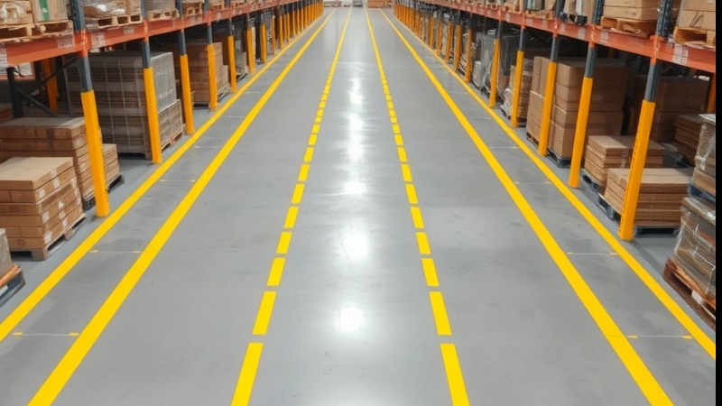 Overhead view of warehouse aisle with yellow safety lines on gray epoxy.