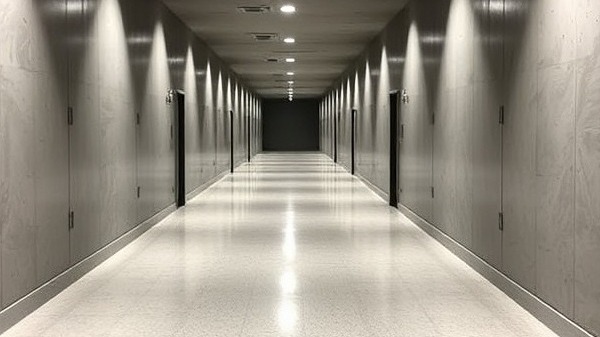 Diamond-ground concrete corridor in Grindfinity Denver before polishing