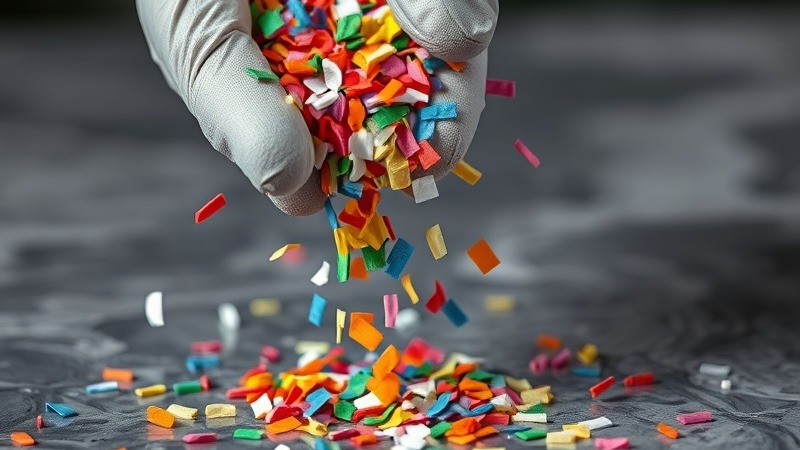 Technician broadcasting multicolor vinyl flakes over wet gray epoxy in macro shot.