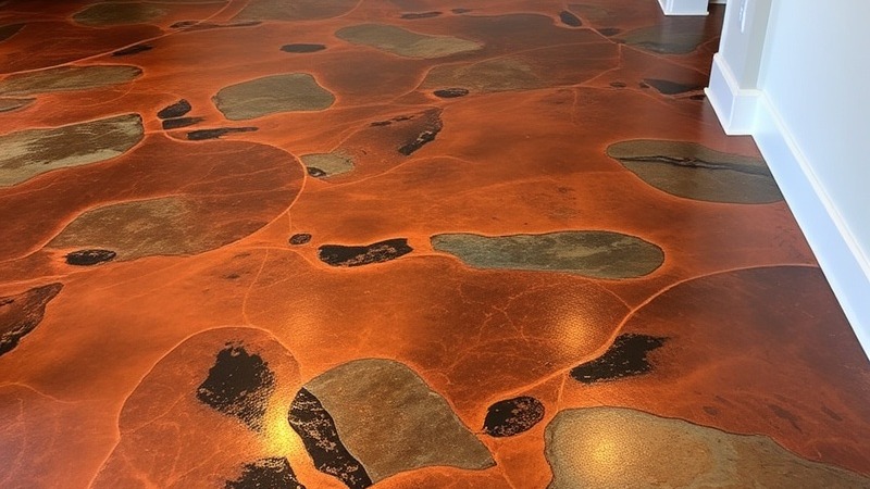 Epoxy floor in molten copper with smoke accents, showcasing a stunning design.