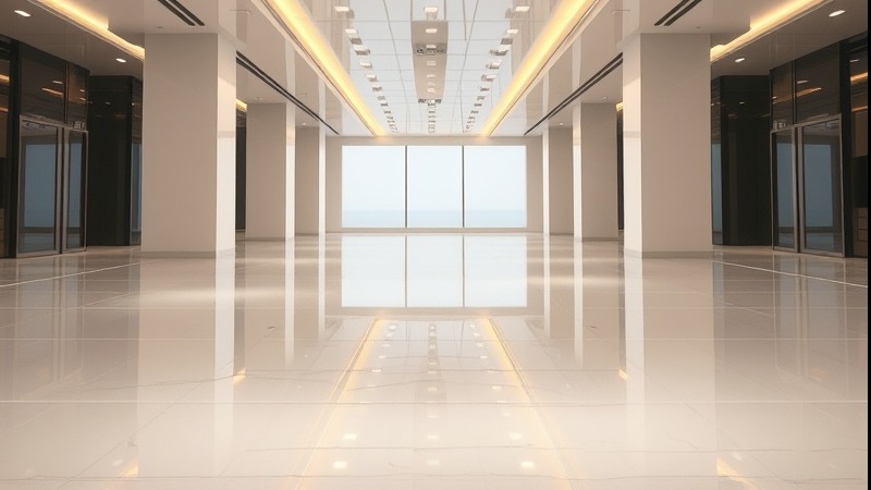 Reflection of ceiling lights on high-gloss polyaspartic floor