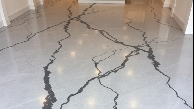Epoxy floor featuring mercury silver with elegant charcoal veining.