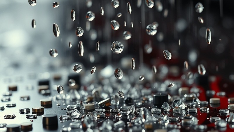 Close-up of full-broadcast vinyl chips falling onto wet epoxy surface.