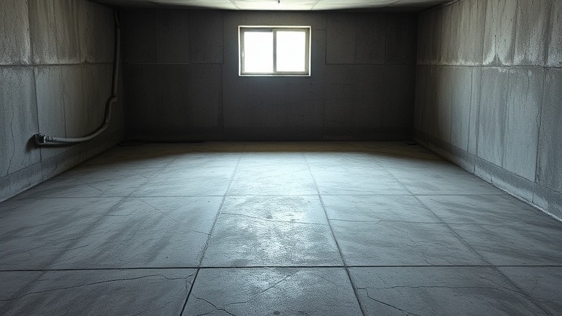 Ultra-realistic basement interior with dull gray concrete slab, cracks, and low light.