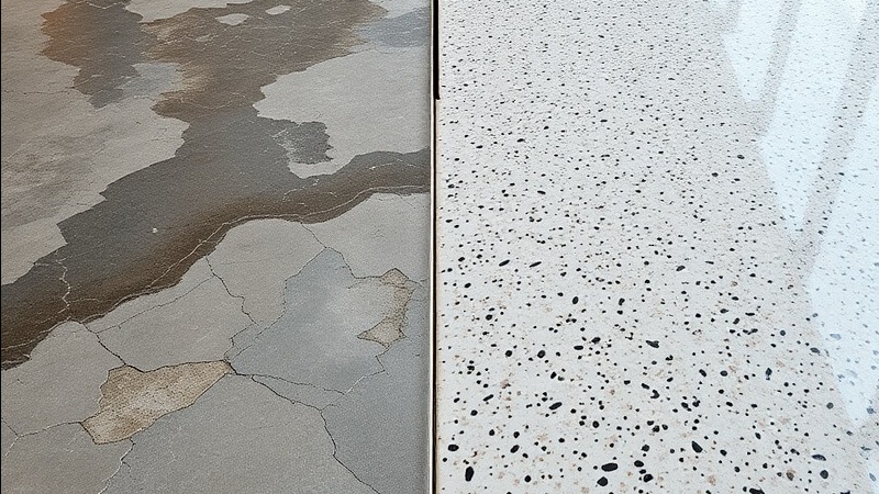 Comparison of pitted eroded floor and glossy Domino epoxy flakes finish.