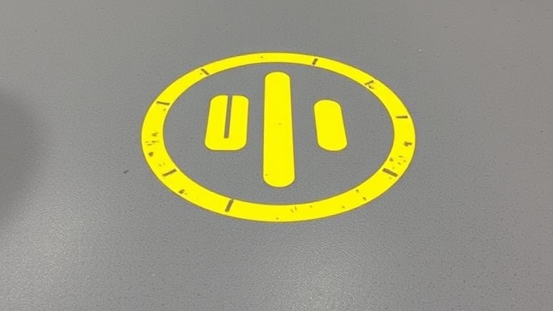 Charcoal gray ESD epoxy floor featuring a yellow grounding symbol stencil.