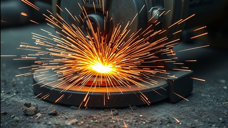 Close-up of an industrial diamond grinder with sparks and vacuum hose, gritty realism.