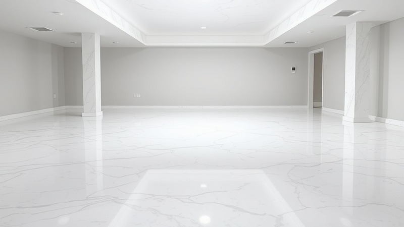 Stunning basement interior with high-gloss marble-look epoxy floor, bright natural light.