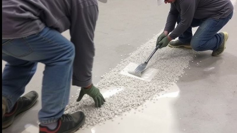 Crew double-broadcasting quartz aggregate onto wet epoxy in a construction scene.