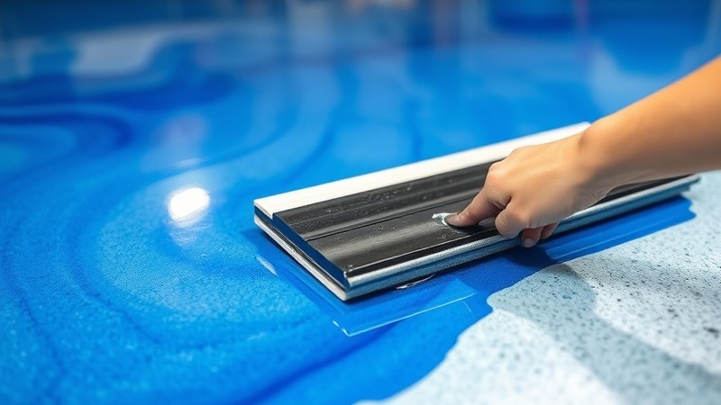 Macro view of a squeegee applying clear topcoat on blue epoxy garage floor.