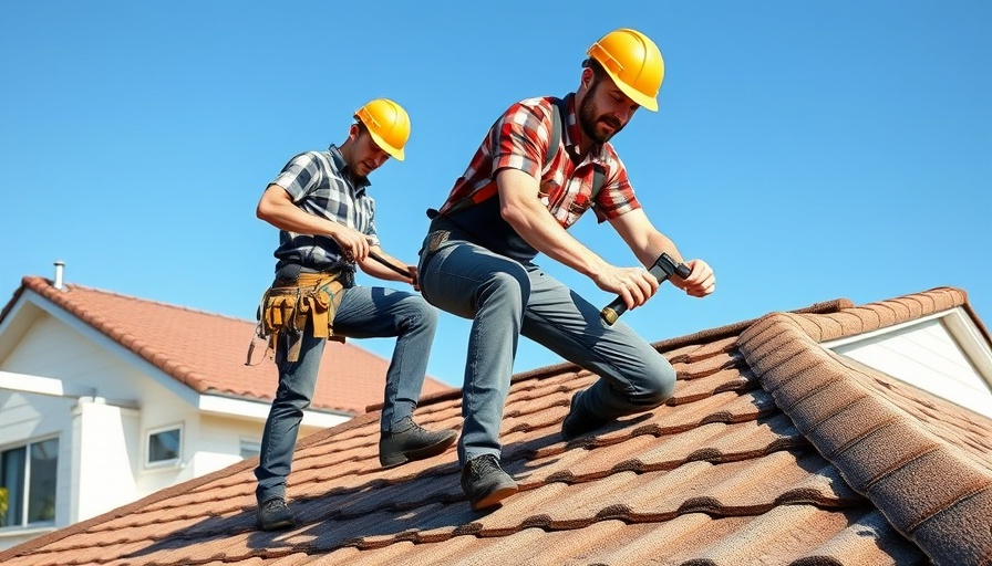 NY roofers working on a suburban home roof under clear sky.