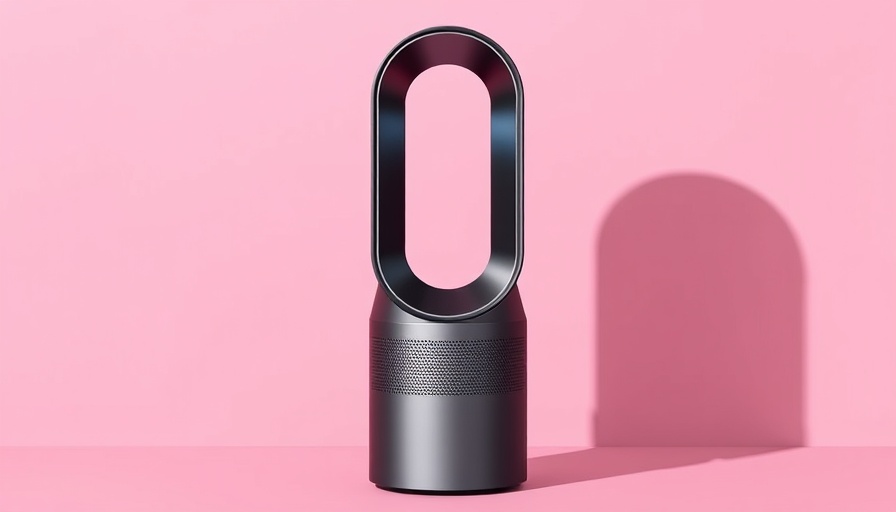 Dyson Purifier Hot + Cool with remote control on a pink background.