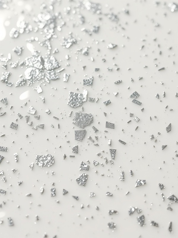 Close-up of scattered silver mica flakes over a wet white epoxy base.