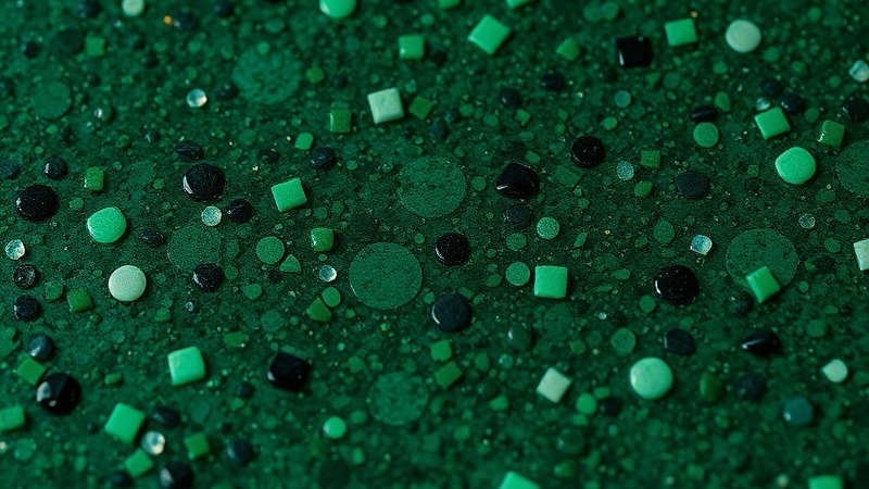 Macro shot of deep green chips in Emerald Terrazzo epoxy texture.