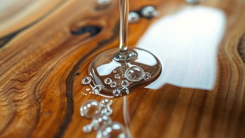 Macro shot of pouring clear resin between cedar slabs, bubbles popped, studio lighting.