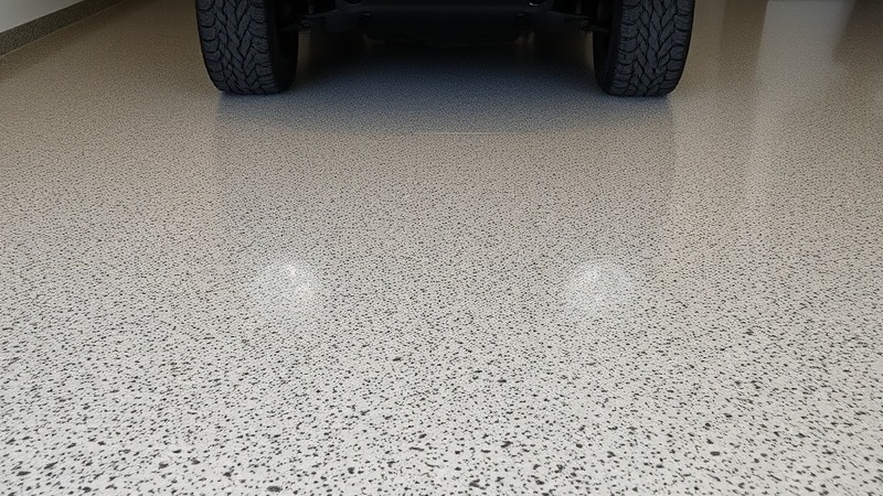 Flake epoxy floor texture with car tires in a polished garage setting.