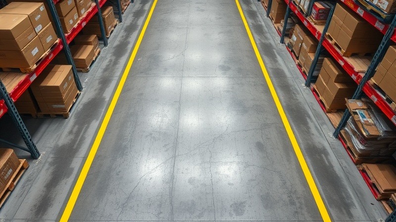 Overhead shot of warehouse aisle with yellow safety lines on gray epoxy floor