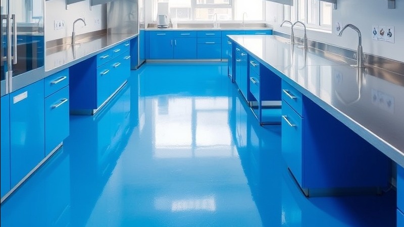 Lab room featuring bright blue epoxy flooring and stainless benches for optimal durability.