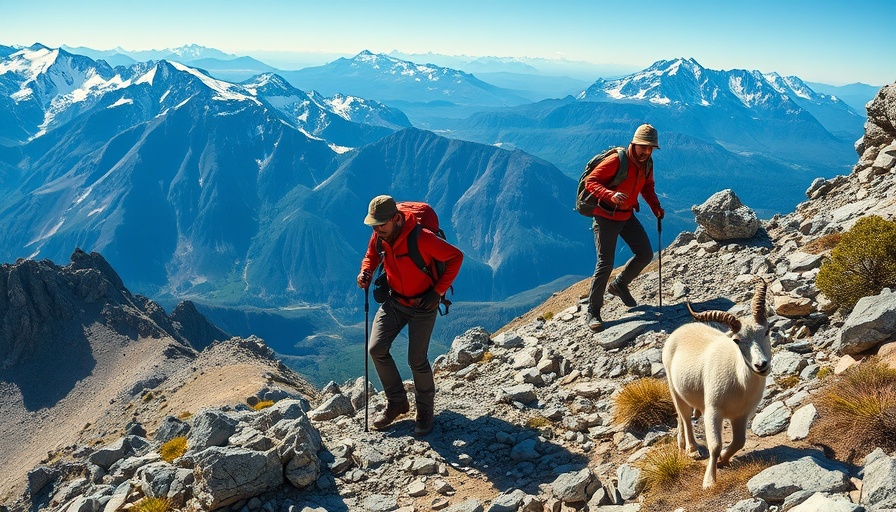 Hikers ascending rocky trail with a goat observing, bright sky, snowy peaks distant.