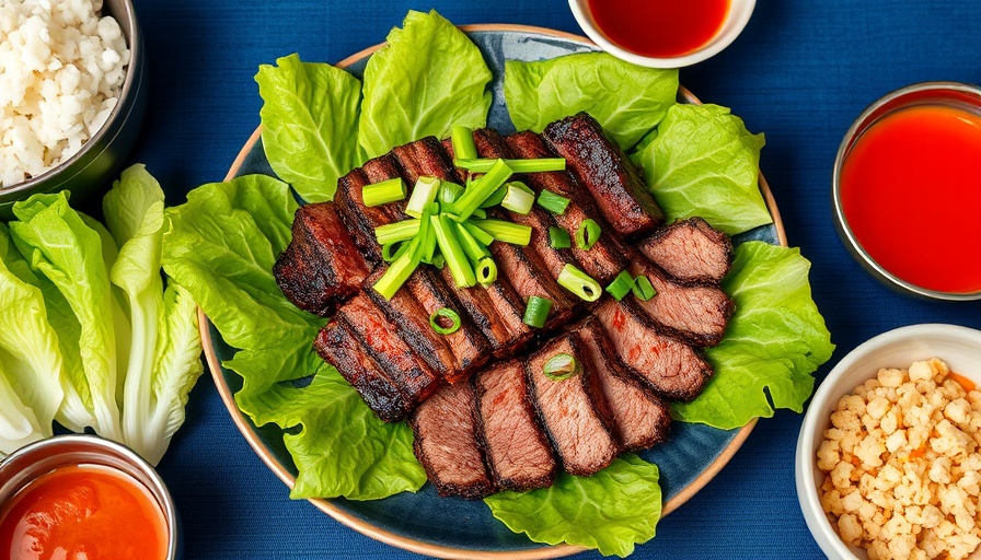 Delicious Korean BBQ beef and sides on blue tablecloth.