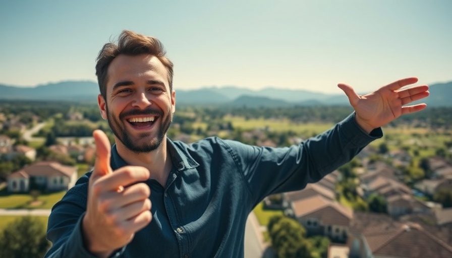 Man highlighting suburban homes near Denver with mountains view.