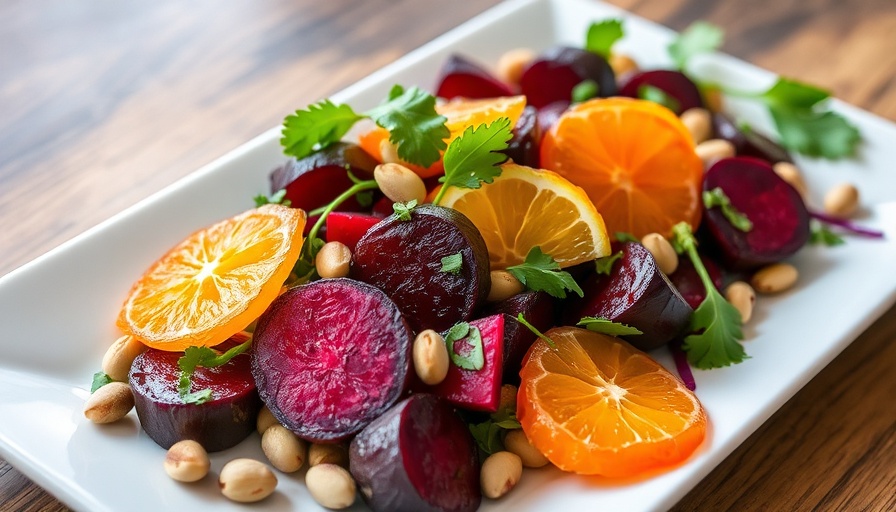 Baby Roasted Beet and Citrus Salad on white plate with pistachios and fresh greens.