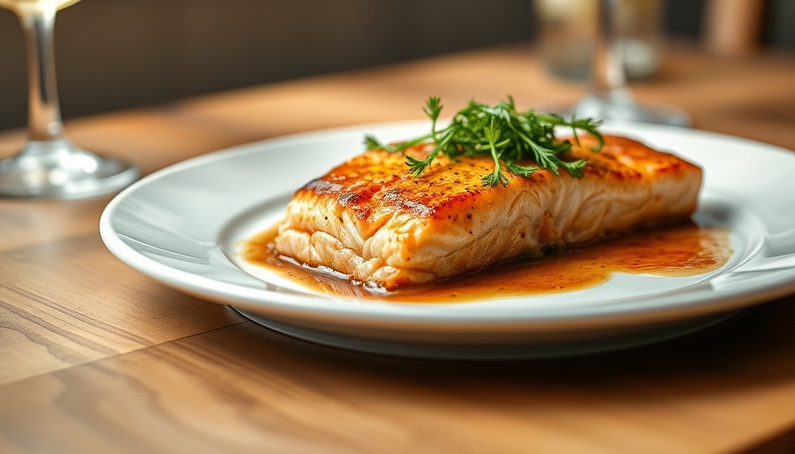 Miso and Maple Glazed Salmon with garnish on white plate.