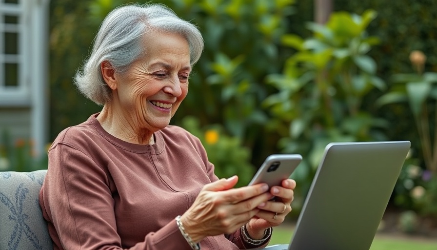 Senior woman using smartphone in garden, AI for health.
