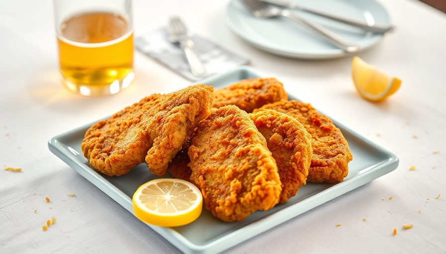 Crispy golden-brown protein-packed chicken cutlets on a platter with lemon.
