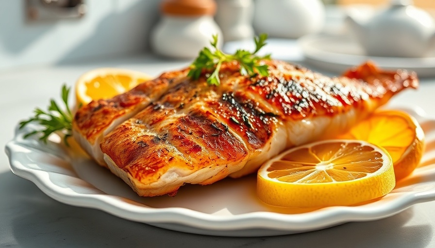 Grilled fish with herbs and lemon on a white plate.
