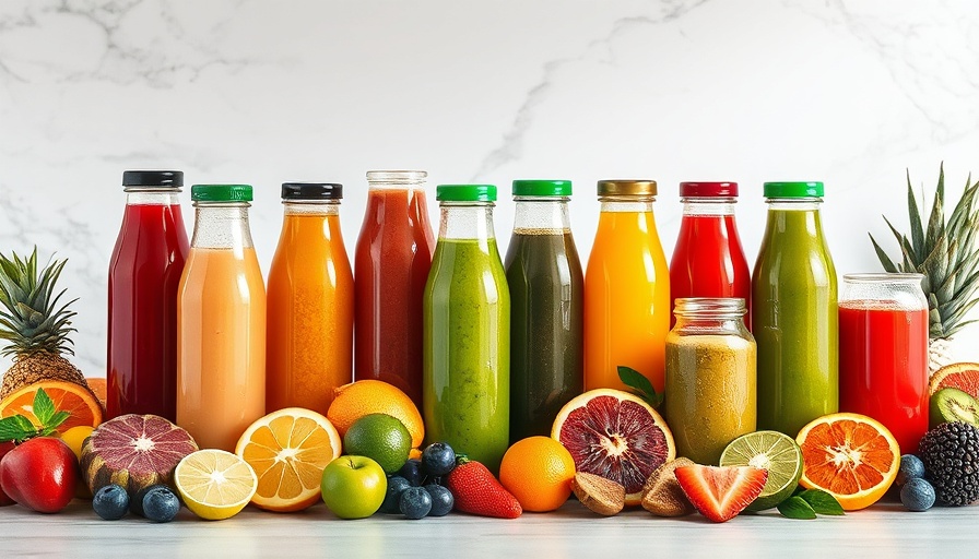 Assorted juice bottles surrounded by fresh fruits and vegetables, juice cleanses.