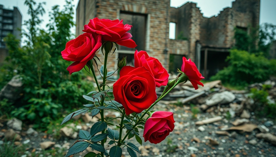 Roses blooming amid ruins highlight humanitarian aid to Ukraine.