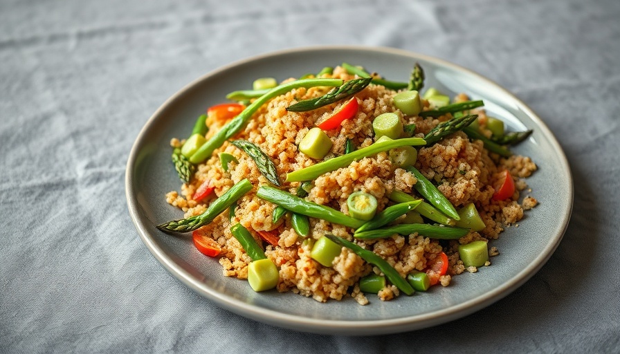 Snap Pea Asparagus Quinoa Salad on a gray plate.