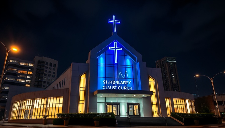 Modern church in Omaha with illuminated facade at night